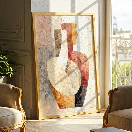 Abstract Cubist Vase & Figure Wall Art · Textured Oil Palette · Terracotta Beige Neutral Decor · Poster · Framed Print · Canvas