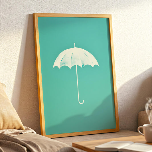 Aqua Umbrella – Minimalist Teal and White Umbrella Illustration, Playful Modern Wall Art for Bathroom or Entryway