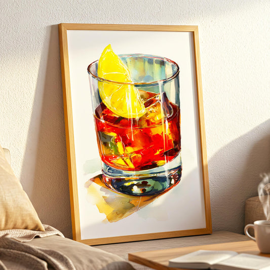 Amber Old Fashioned Glow – Watercolor Whiskey Cocktail Print with Lemon Wedge, Warm Bar Cart and Lounge Wall Art