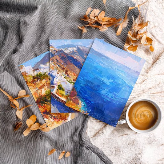Aegean Coastline Drive · Santorini Cliffside Oil Painting Wall Art · Set of 3 Blue Sea Prints for Modern Coastal or Travel Inspired Decor