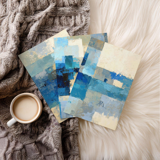 Abstract Blue Ocean Wall Art · Coastal Geometric Painting Triptych · Modern Navy Teal Beige Prints · Framed Print Set · Set of 3 Prints