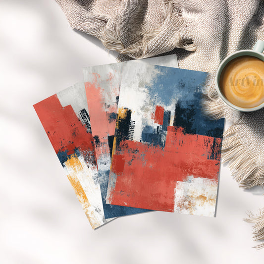 Abstract Wall Art Set of 3 | Navy Rust Yellow Textured Prints | Modern Triptych Color Block Art | Large Wall Decor