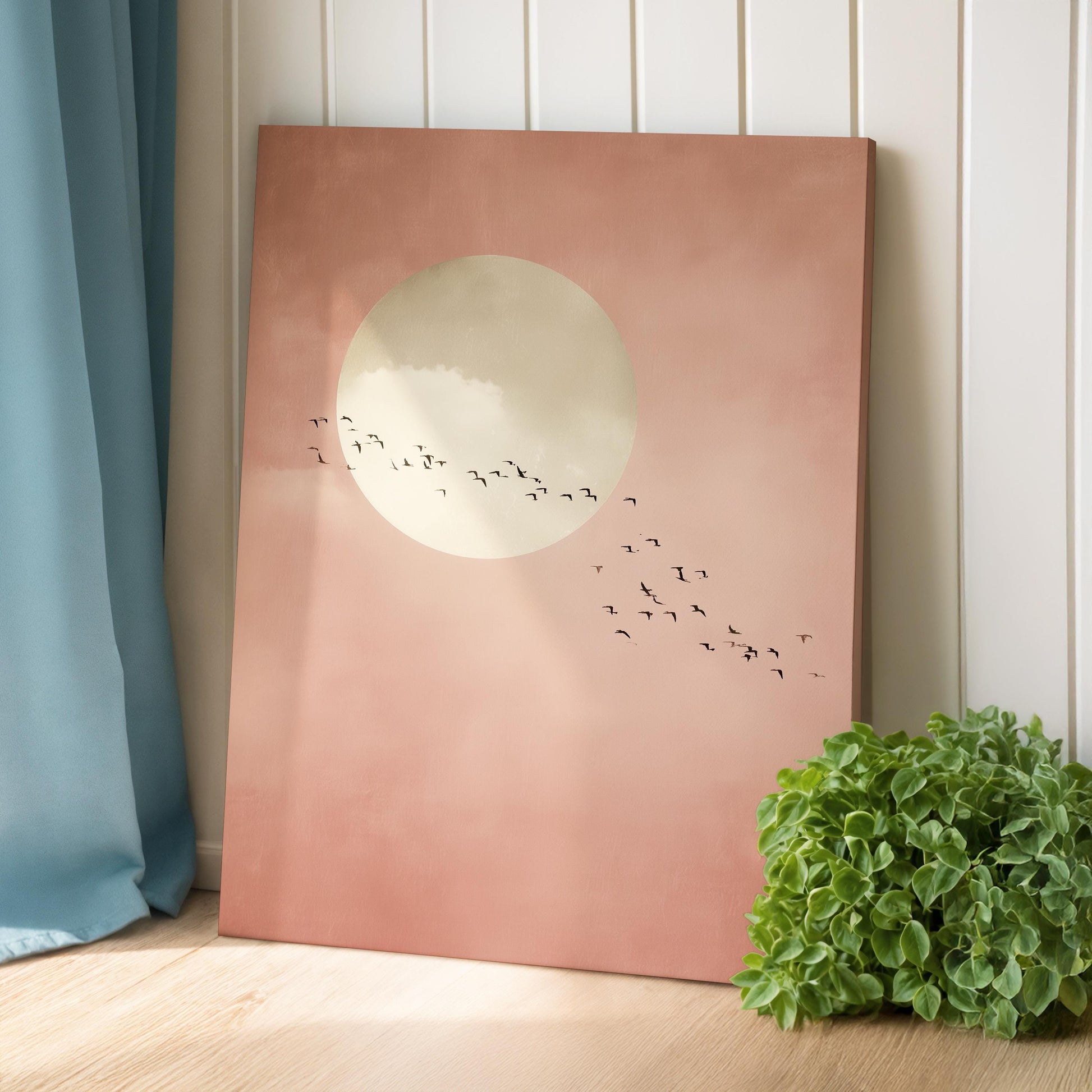 Soft Pink Moon with Birds Wall Art · Minimalist Scandi · Abstract Moon Painting · Large Room Decor · Framed Calming Moon Poster Print Art
