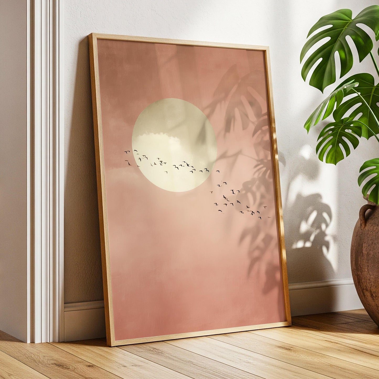 Soft Pink Moon with Birds Wall Art · Minimalist Scandi · Abstract Moon Painting · Large Room Decor · Framed Calming Moon Poster Print Art