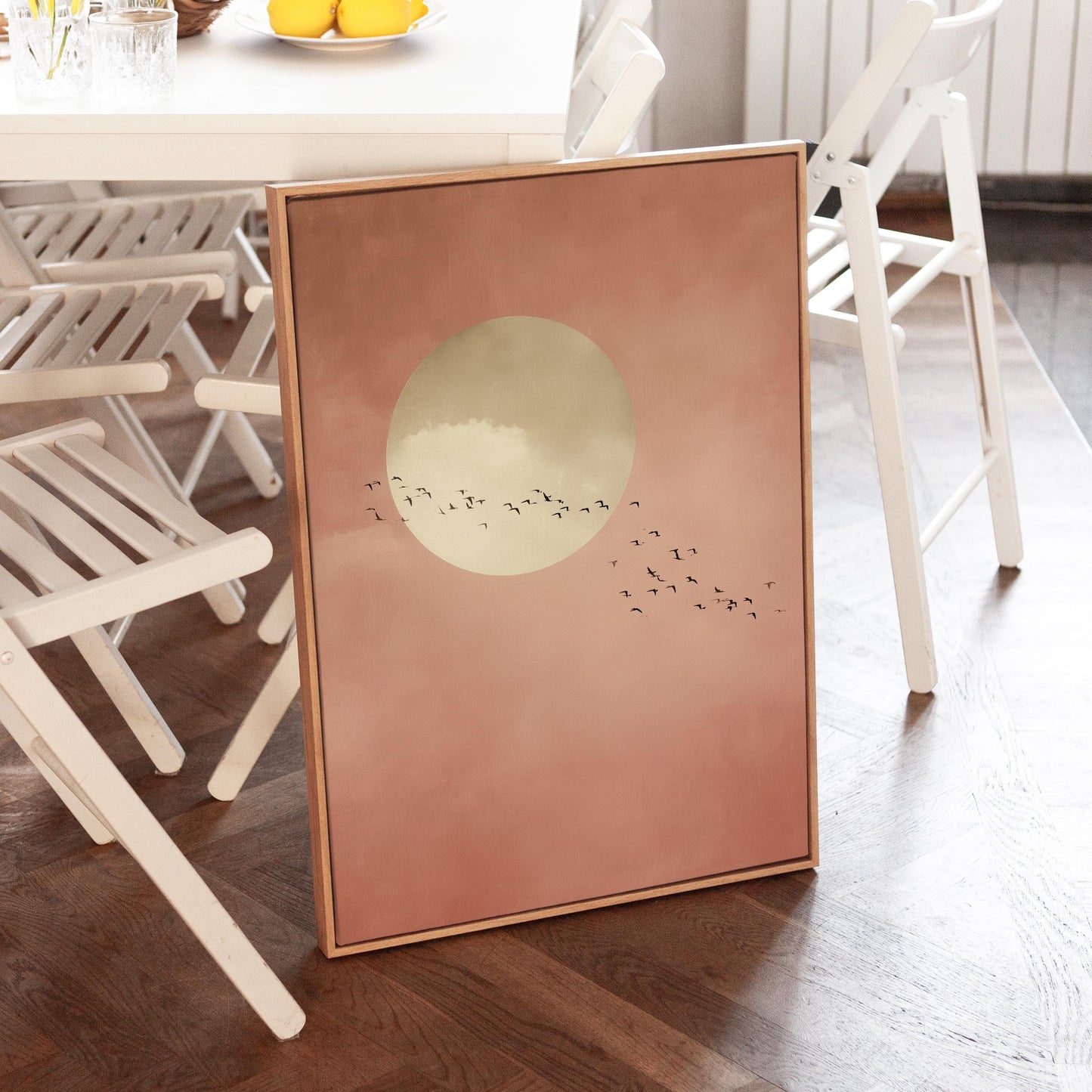 Soft Pink Moon with Birds Wall Art · Minimalist Scandi · Abstract Moon Painting · Large Room Decor · Framed Calming Moon Poster Print Art