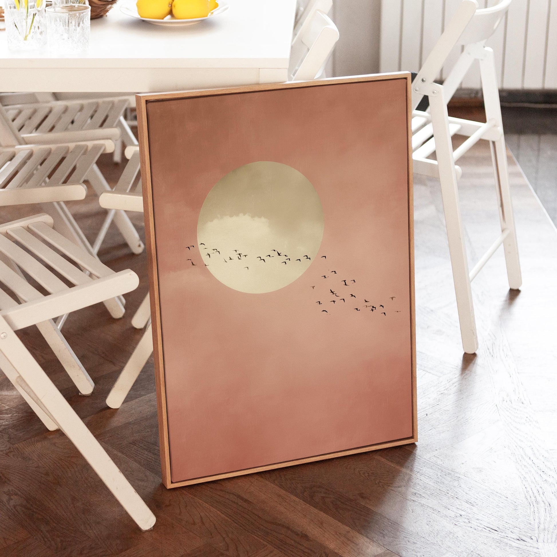 Soft Pink Moon with Birds Wall Art · Minimalist Scandi · Abstract Moon Painting · Large Room Decor · Framed Calming Moon Poster Print Art