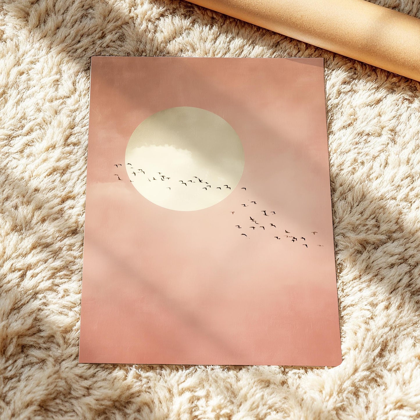Soft Pink Moon with Birds Wall Art · Minimalist Scandi · Abstract Moon Painting · Large Room Decor · Framed Calming Moon Poster Print Art