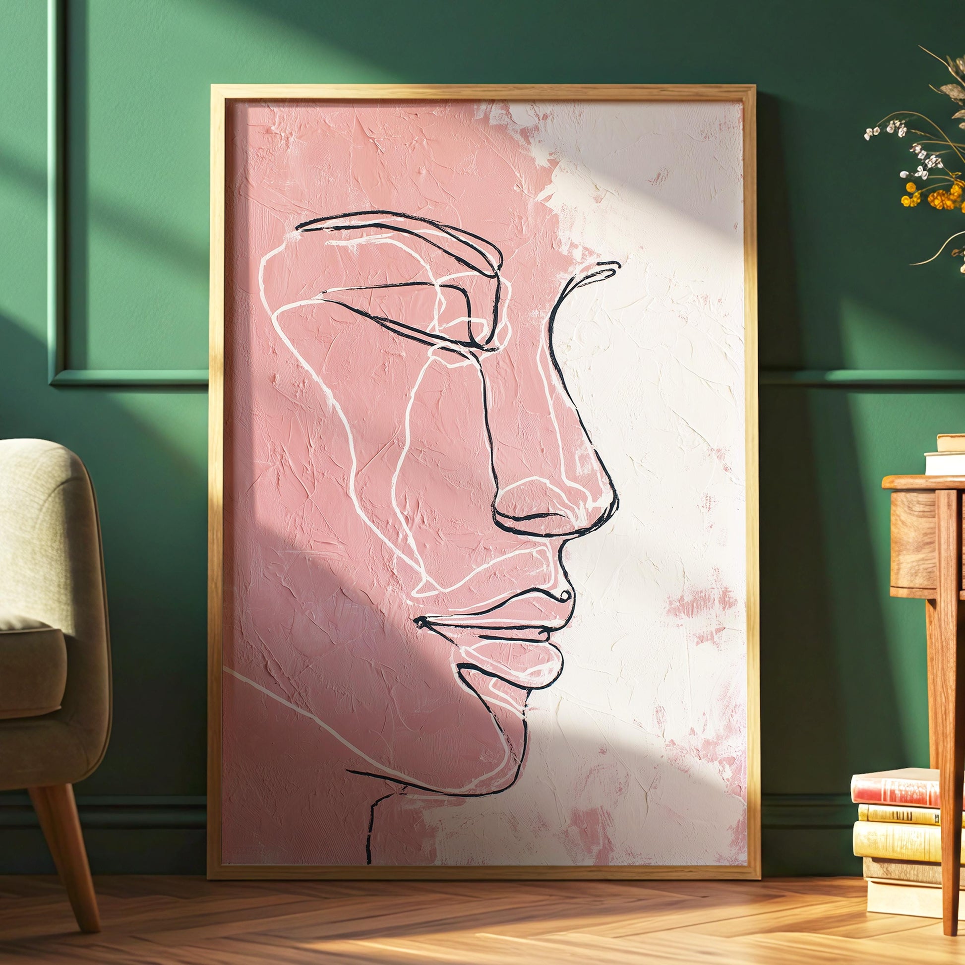 Minimal Line Face Wall Art, Feminine Boho Portrait, Neutral Blush Beige Abstract, Modern Bedroom Decor, Poster, Framed Print, Canvas Art