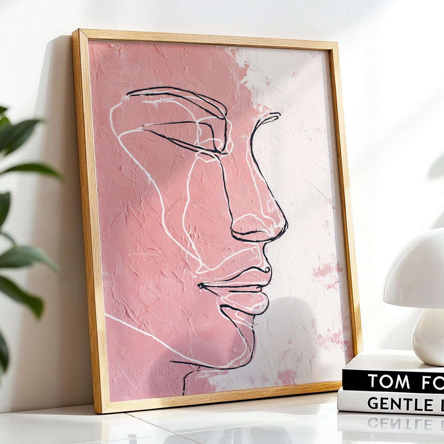 Minimal Line Face Wall Art, Feminine Boho Portrait, Neutral Blush Beige Abstract, Modern Bedroom Decor, Poster, Framed Print, Canvas Art