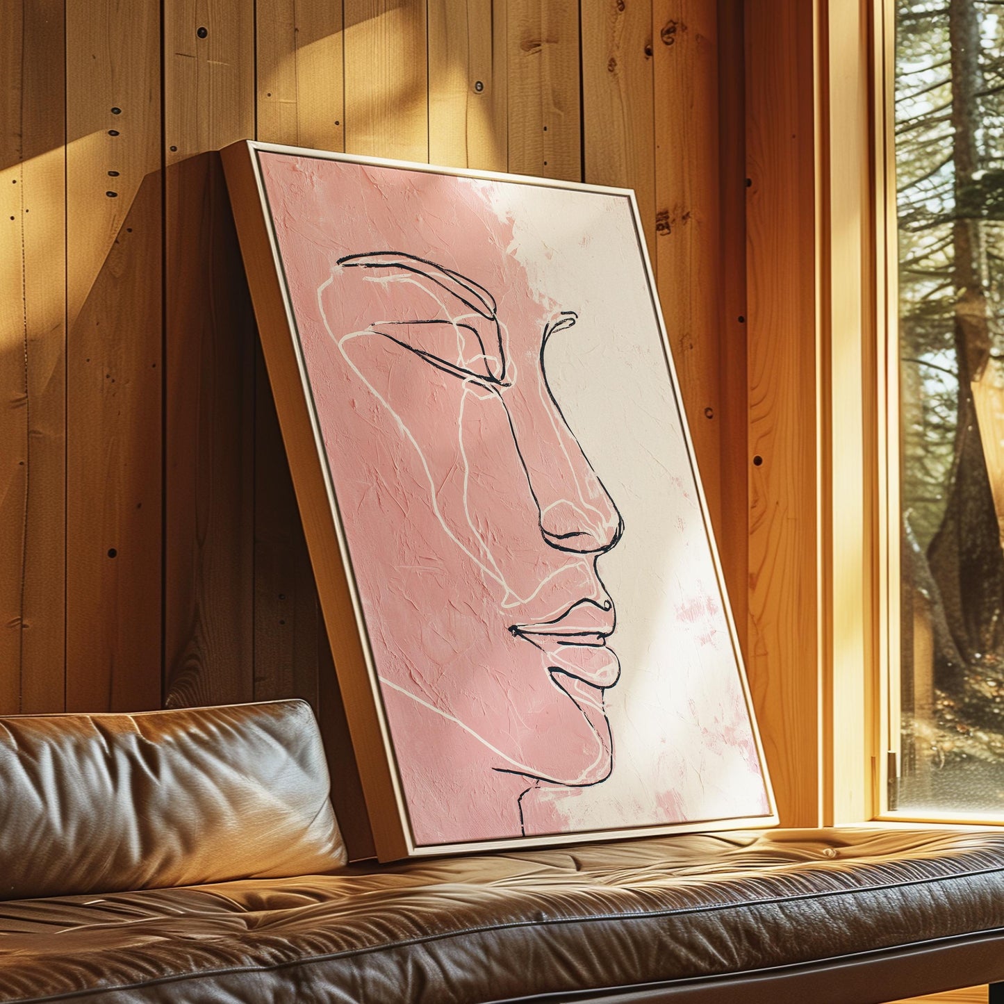 Minimal Line Face Wall Art, Feminine Boho Portrait, Neutral Blush Beige Abstract, Modern Bedroom Decor, Poster, Framed Print, Canvas Art