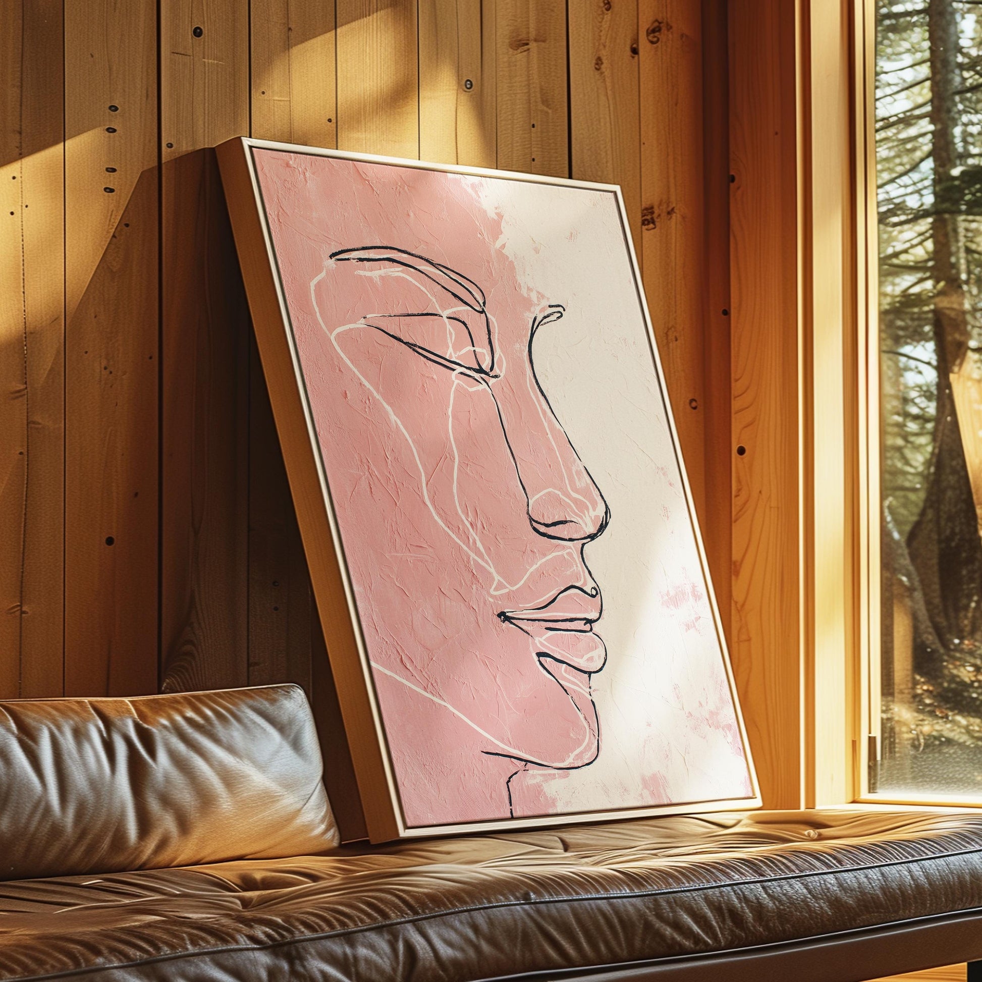 Minimal Line Face Wall Art, Feminine Boho Portrait, Neutral Blush Beige Abstract, Modern Bedroom Decor, Poster, Framed Print, Canvas Art