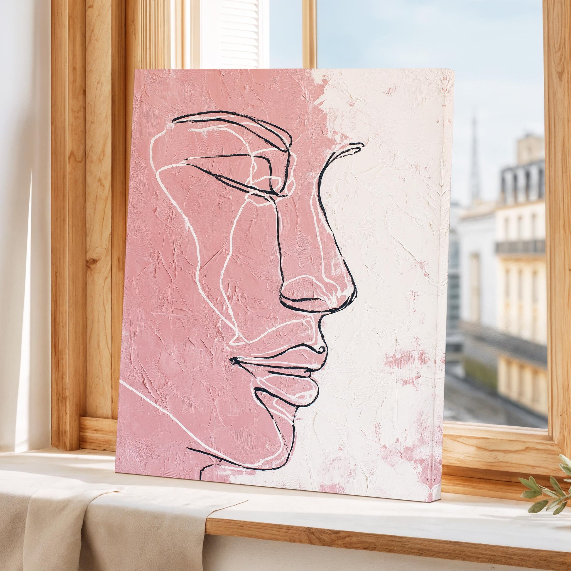 Minimal Line Face Wall Art, Feminine Boho Portrait, Neutral Blush Beige Abstract, Modern Bedroom Decor, Poster, Framed Print, Canvas Art