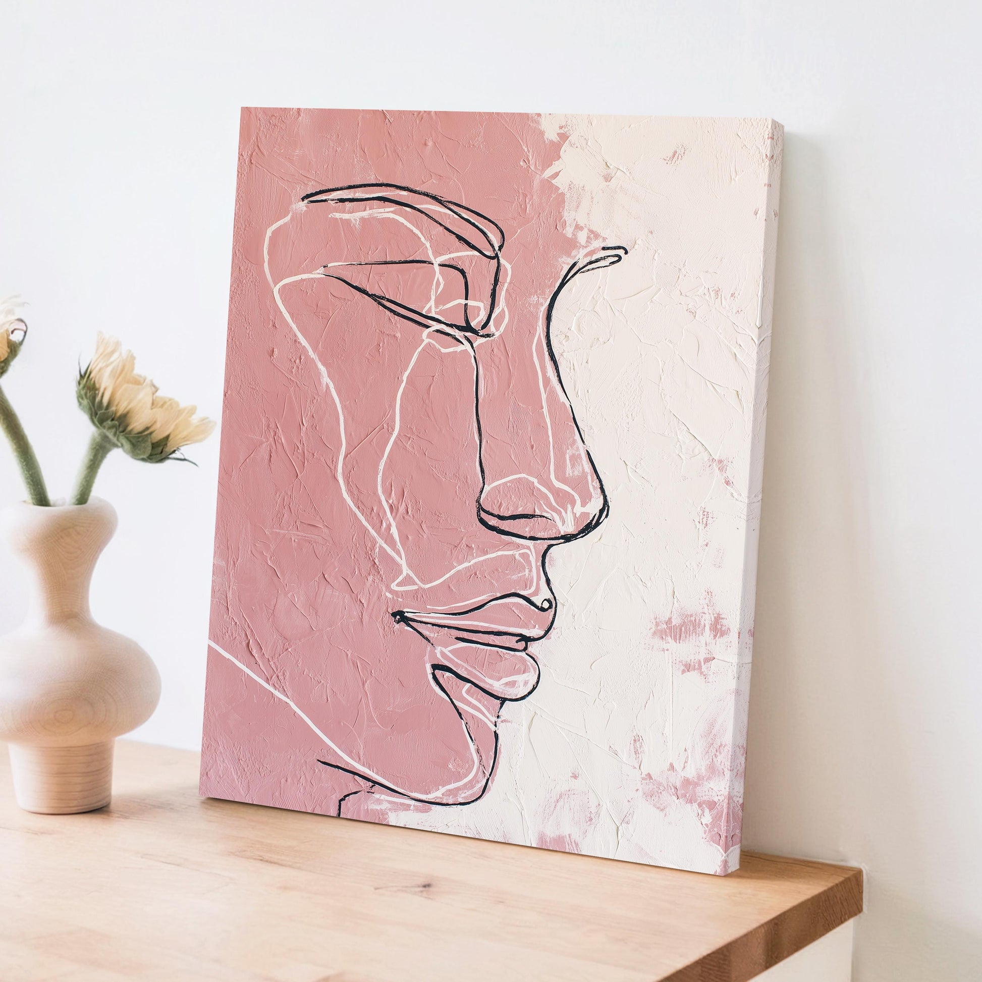 Minimal Line Face Wall Art, Feminine Boho Portrait, Neutral Blush Beige Abstract, Modern Bedroom Decor, Poster, Framed Print, Canvas Art
