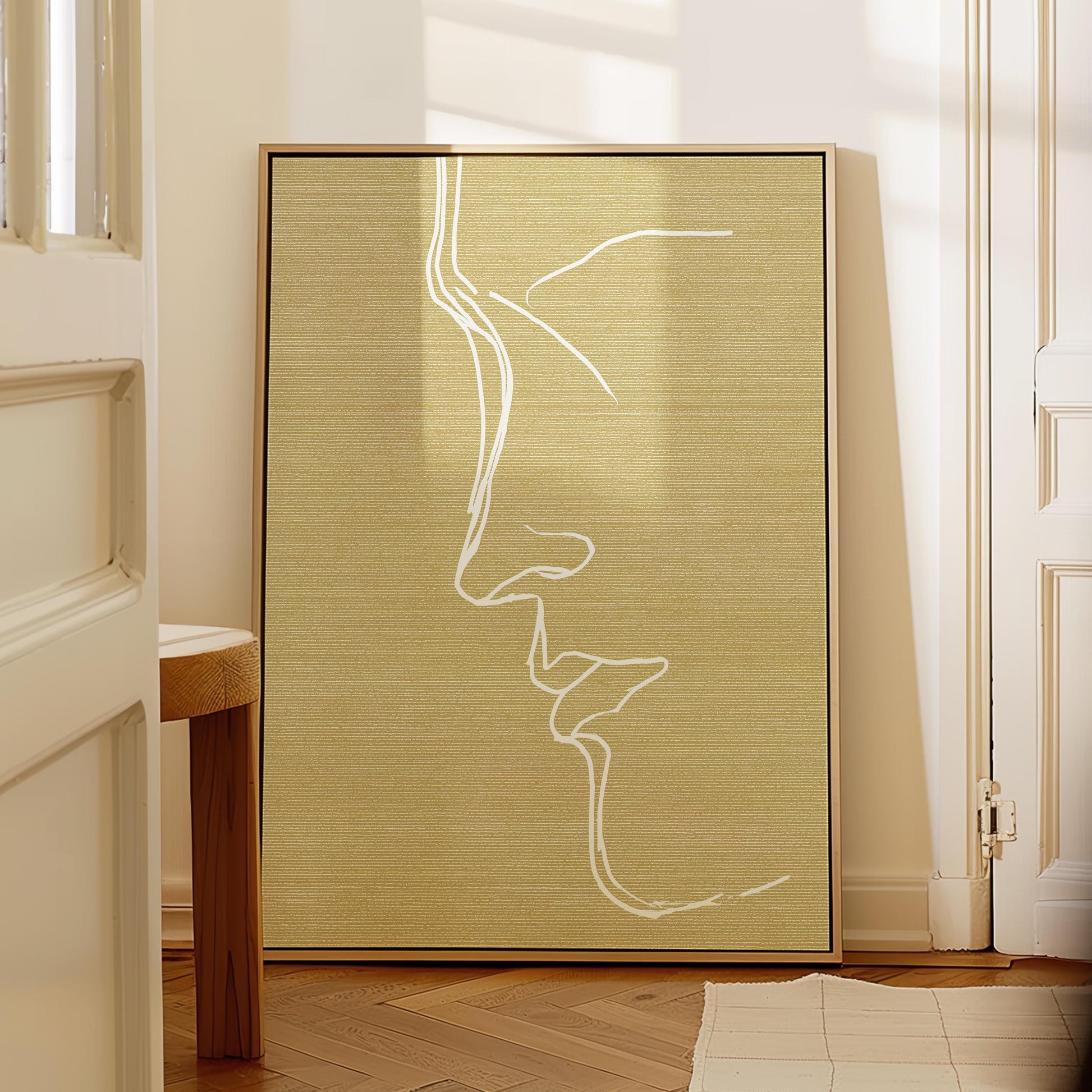 Minimal Line Face Wall Art, Feminine Boho Portrait, Neutral Blush Beige Abstract, Modern Bedroom Decor, Poster, Framed Print, Canvas Art