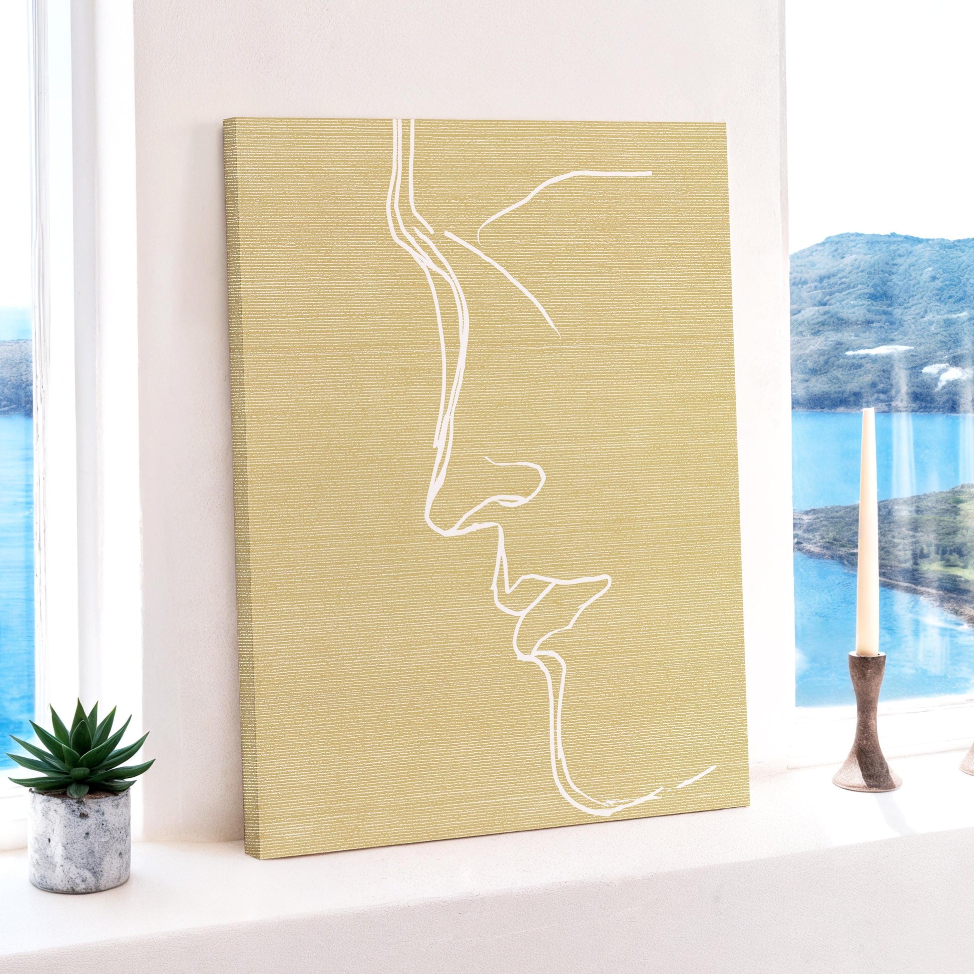 Minimal Line Face Wall Art, Feminine Boho Portrait, Neutral Blush Beige Abstract, Modern Bedroom Decor, Poster, Framed Print, Canvas Art