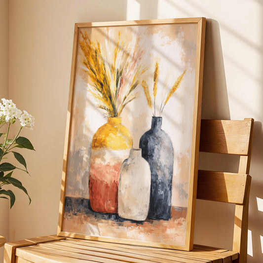 Abstract Vase Floral & Figure Wall Art · Textured Oil Palette · Terracotta Beige Neutral Decor · Poster · Framed Print · Canvas
