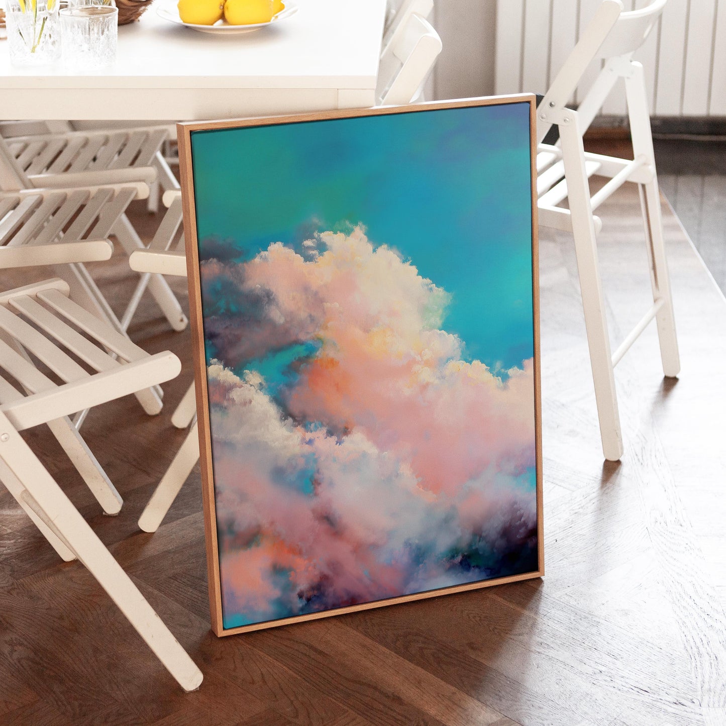 Pink & Blue Cloud Wall Art · Dream Sky Painting · Abstract Cloudscape Art · Large Room Decor · Framed Boho Nursery Cloud Moon Poster Print