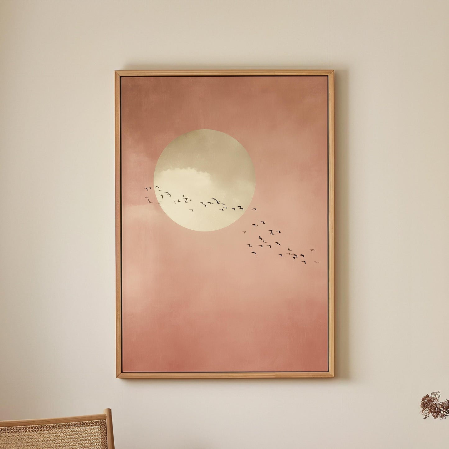 Soft Pink Moon with Birds Wall Art · Minimalist Scandi · Abstract Moon Painting · Large Room Decor · Framed Calming Moon Poster Print Art
