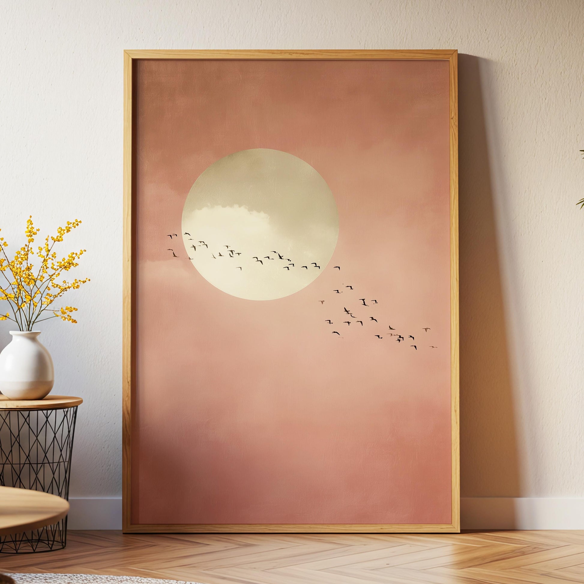Soft Pink Moon with Birds Wall Art · Minimalist Scandi · Abstract Moon Painting · Large Room Decor · Framed Calming Moon Poster Print Art