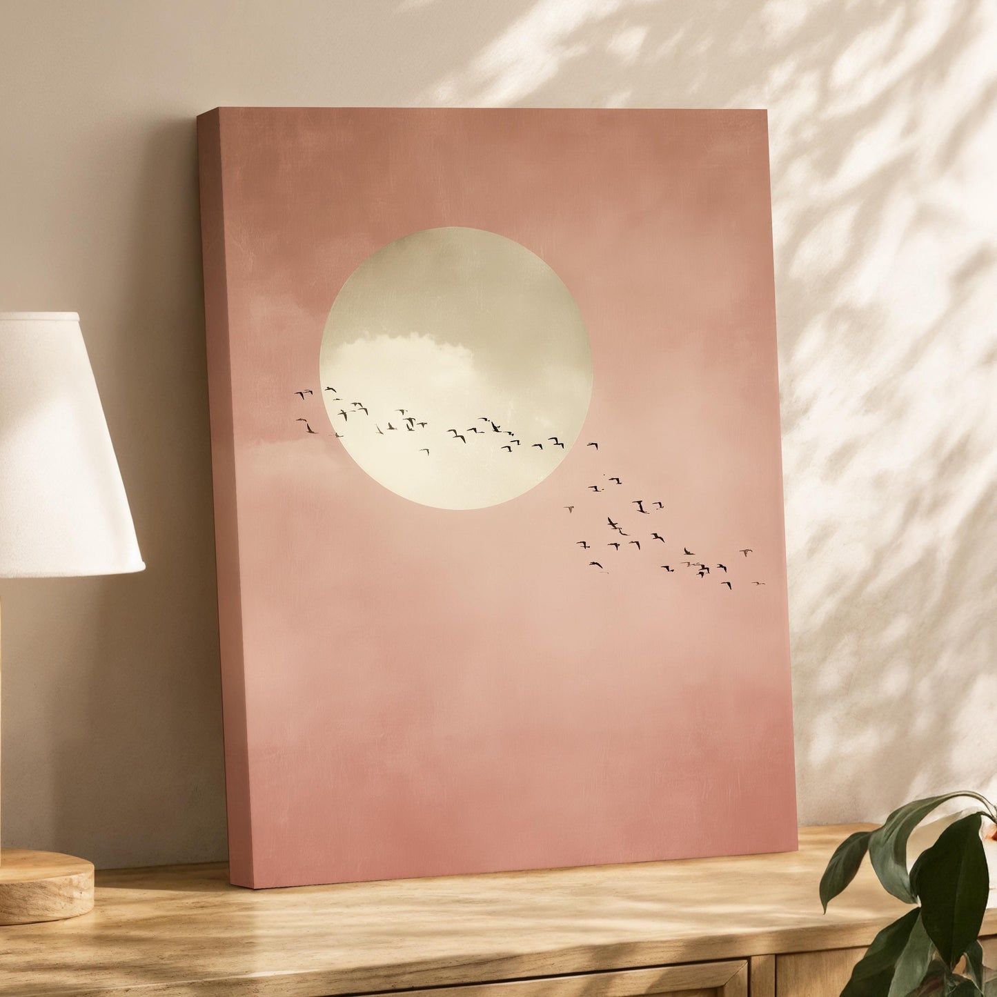 Soft Pink Moon with Birds Wall Art · Minimalist Scandi · Abstract Moon Painting · Large Room Decor · Framed Calming Moon Poster Print Art