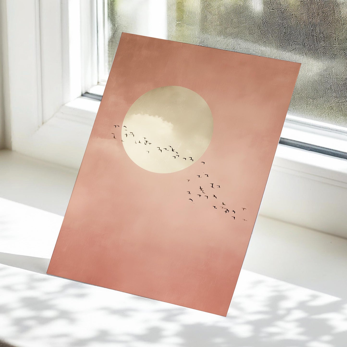 Soft Pink Moon with Birds Wall Art · Minimalist Scandi · Abstract Moon Painting · Large Room Decor · Framed Calming Moon Poster Print Art