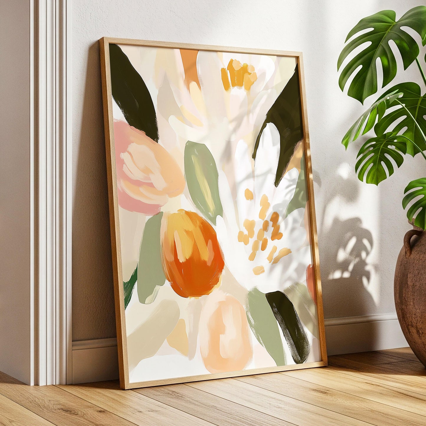 Boho Floral Wall Art · Botanical Painting · Neutral Pastel Flower · Large Room Decor · Framed Neutral Scandinavian Nature Boho Poster Print