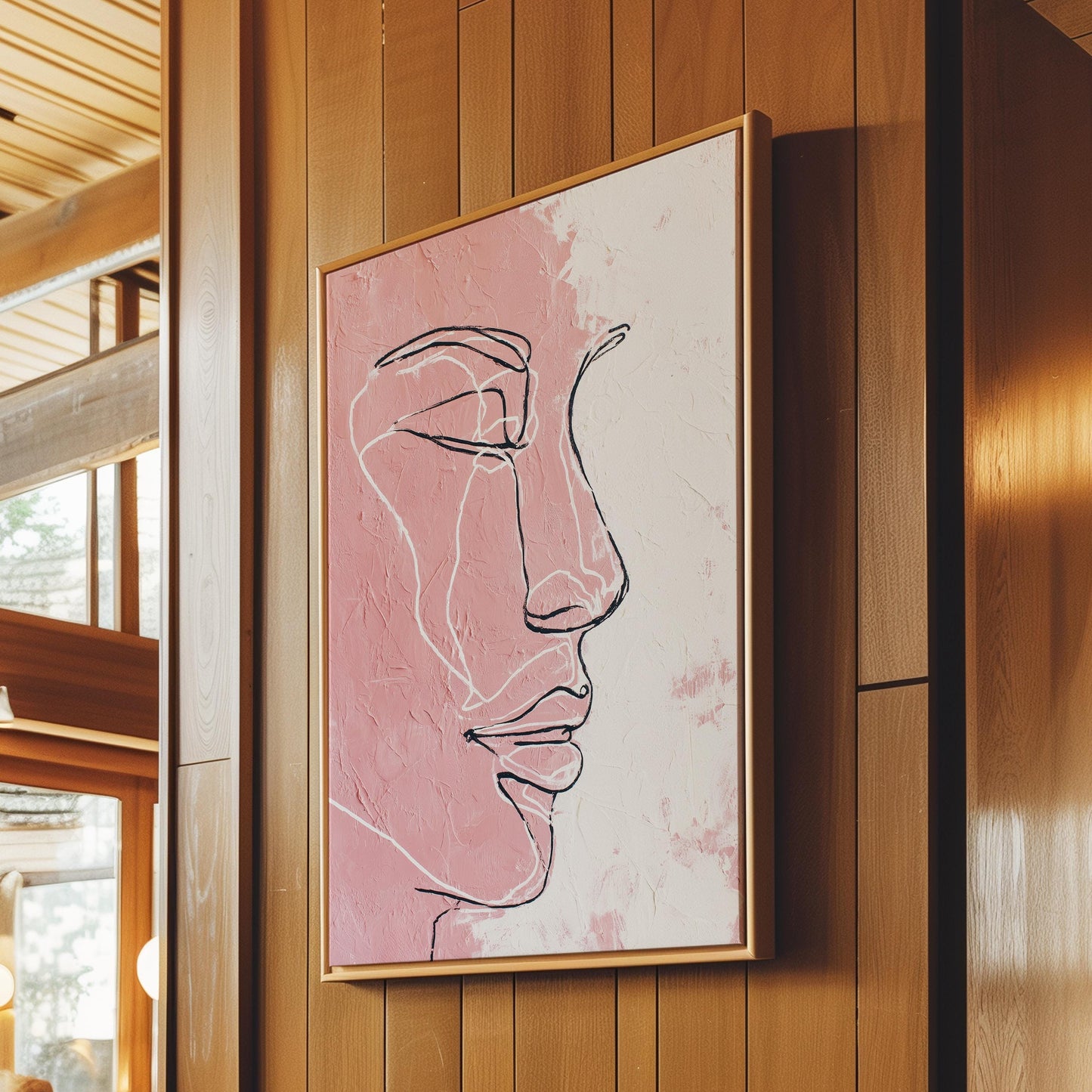 Minimal Line Face Wall Art, Feminine Boho Portrait, Neutral Blush Beige Abstract, Modern Bedroom Decor, Poster, Framed Print, Canvas Art