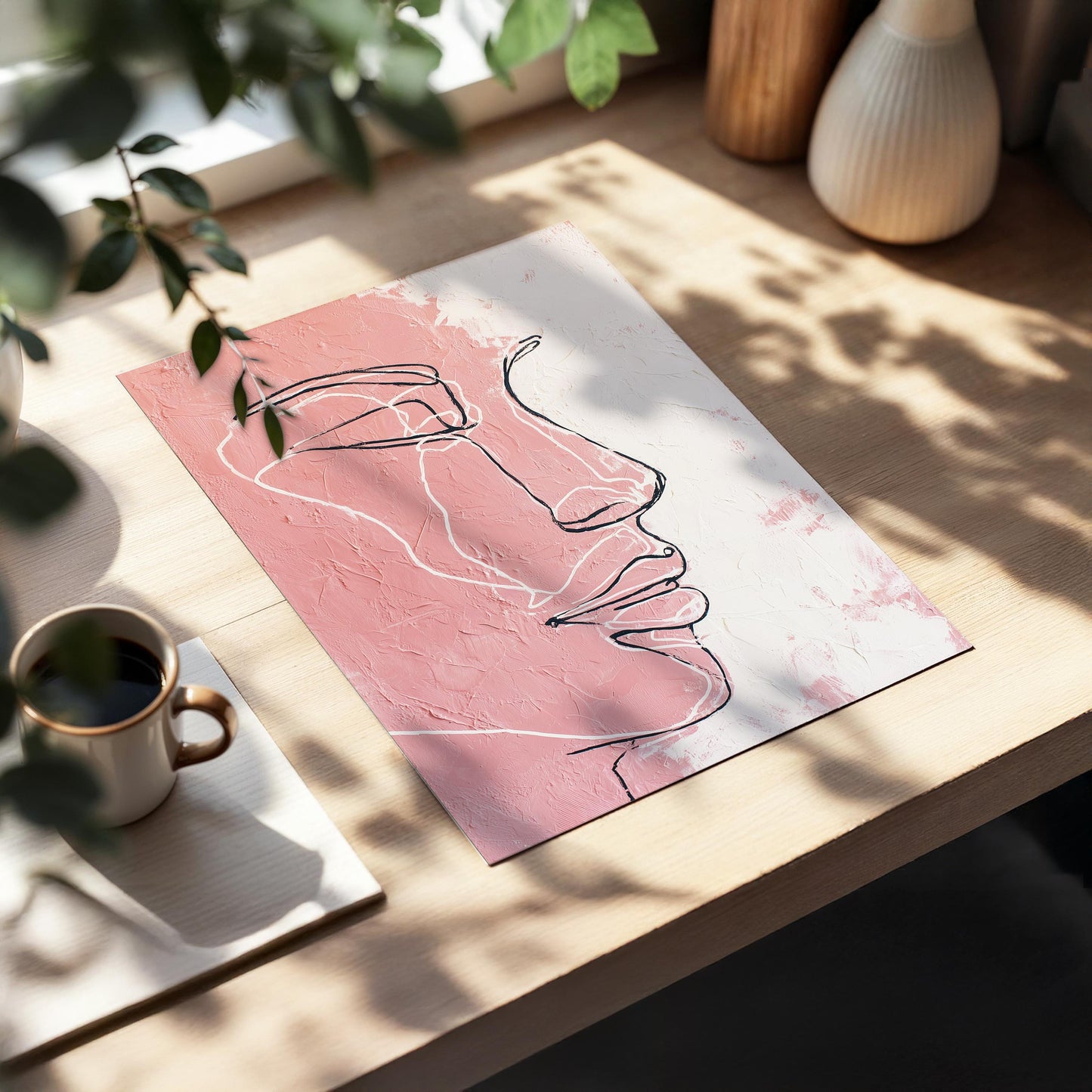 Minimal Line Face Wall Art, Feminine Boho Portrait, Neutral Blush Beige Abstract, Modern Bedroom Decor, Poster, Framed Print, Canvas Art