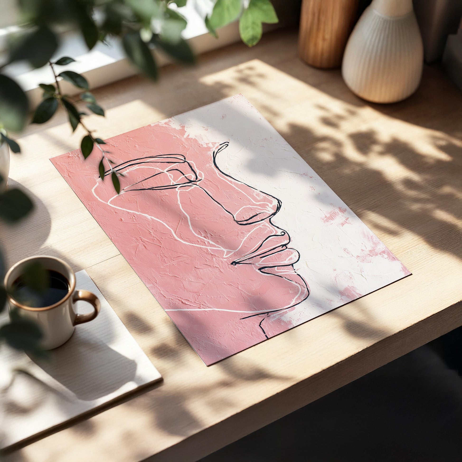 Minimal Line Face Wall Art, Feminine Boho Portrait, Neutral Blush Beige Abstract, Modern Bedroom Decor, Poster, Framed Print, Canvas Art