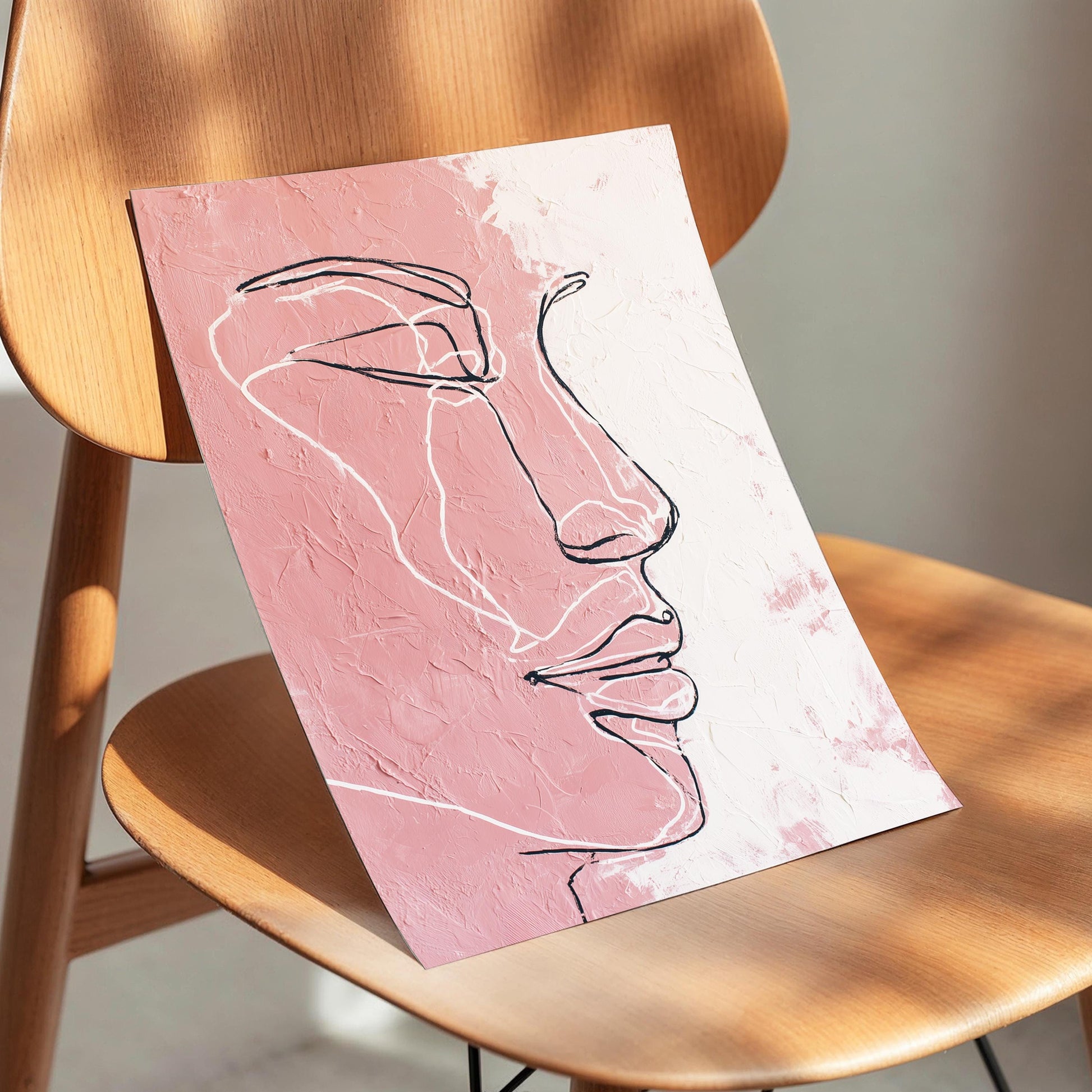 Minimal Line Face Wall Art, Feminine Boho Portrait, Neutral Blush Beige Abstract, Modern Bedroom Decor, Poster, Framed Print, Canvas Art