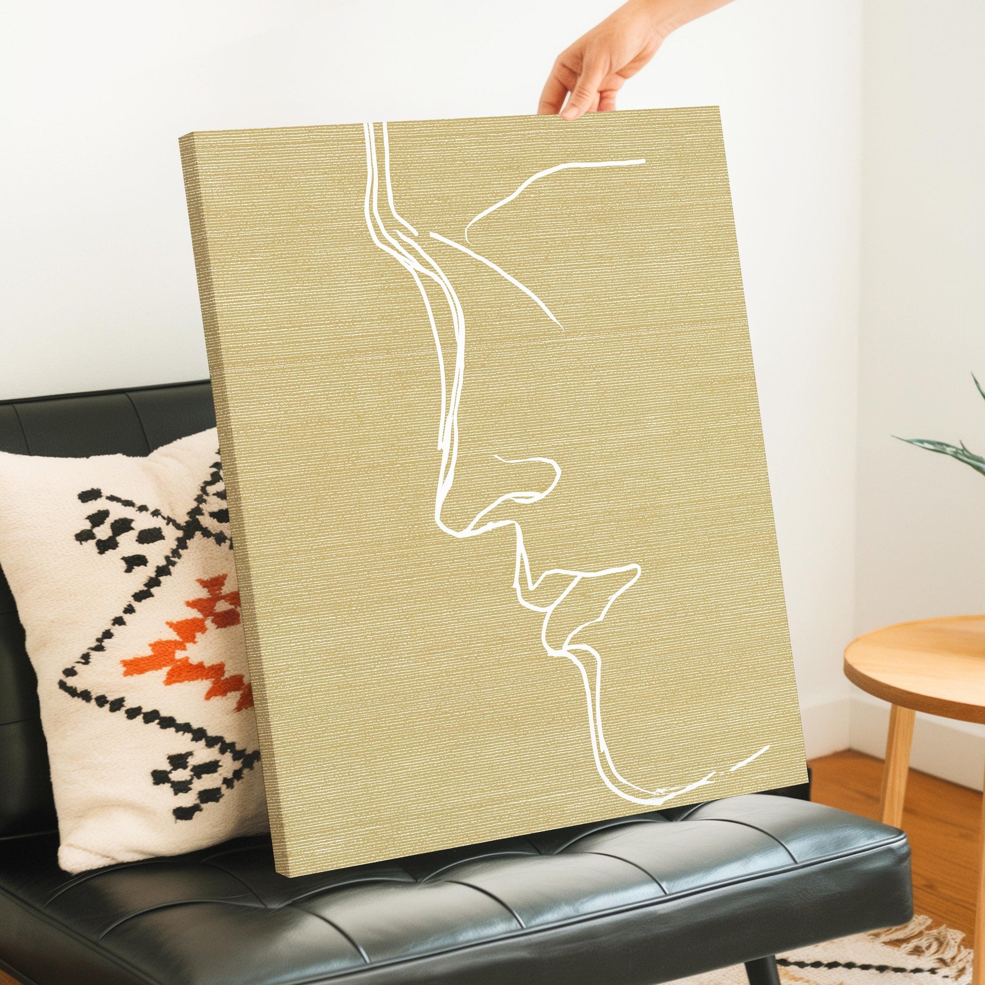 Minimal Line Face Wall Art, Feminine Boho Portrait, Neutral Blush Beige Abstract, Modern Bedroom Decor, Poster, Framed Print, Canvas Art