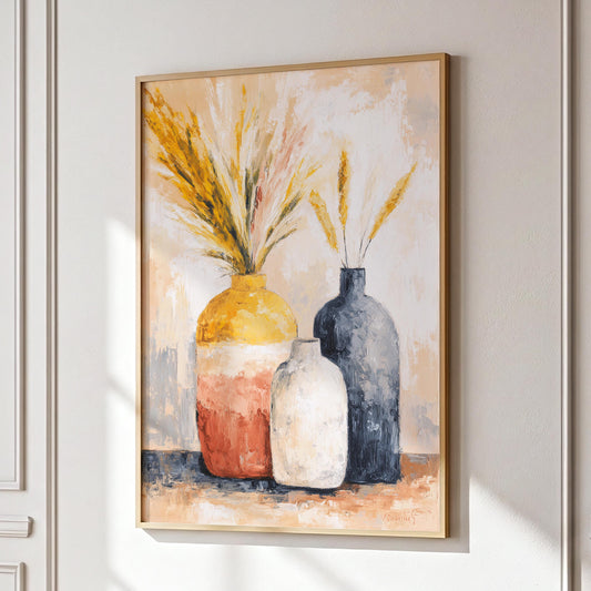 Abstract Vase Floral & Figure Wall Art · Textured Oil Palette · Terracotta Beige Neutral Decor · Poster · Framed Print · Canvas