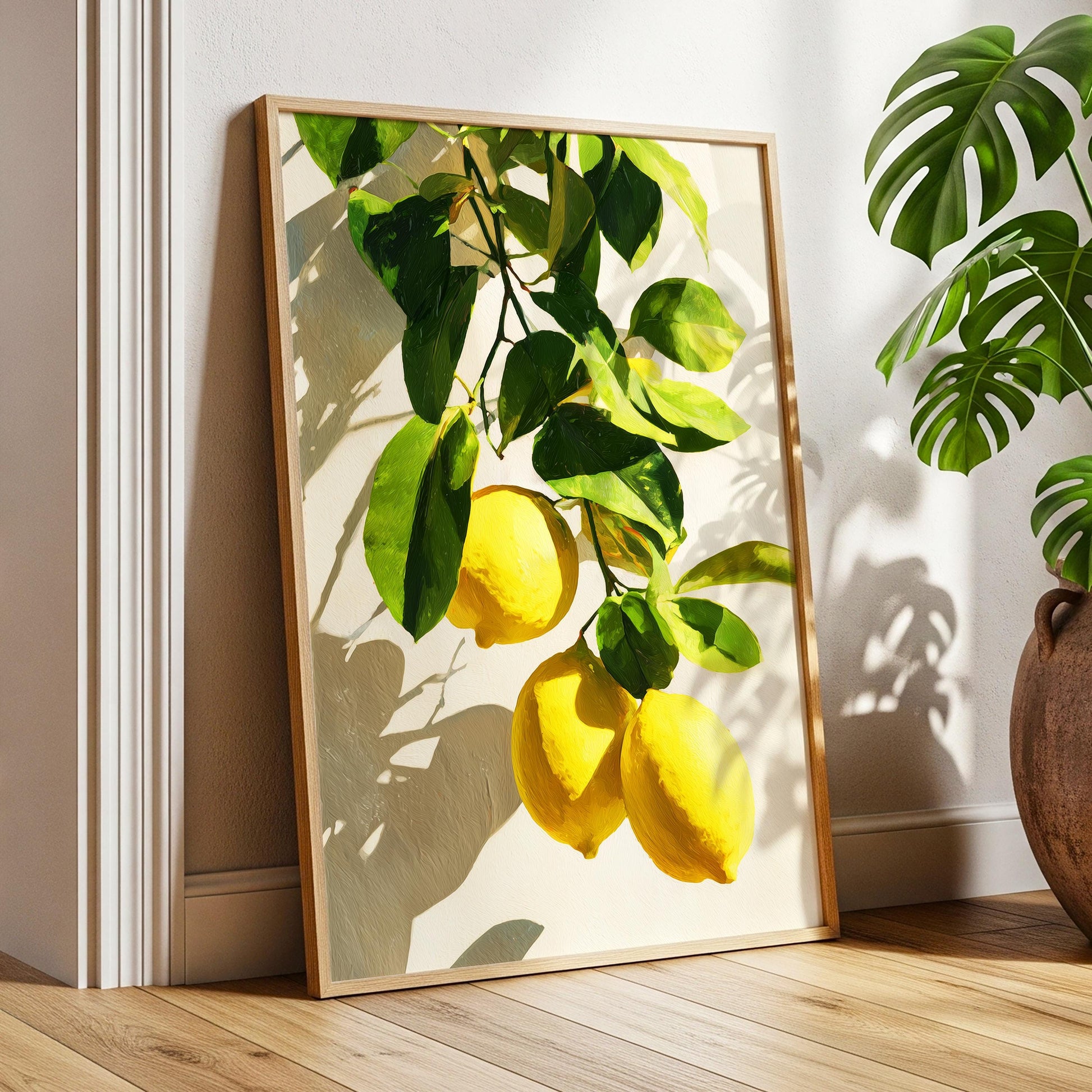 Lemon Tree Wall Art · Mediterranean Fruit Painting · Yellow Lemon Botanical House Decor · Large Room Decor · Framed Summer Poster Print