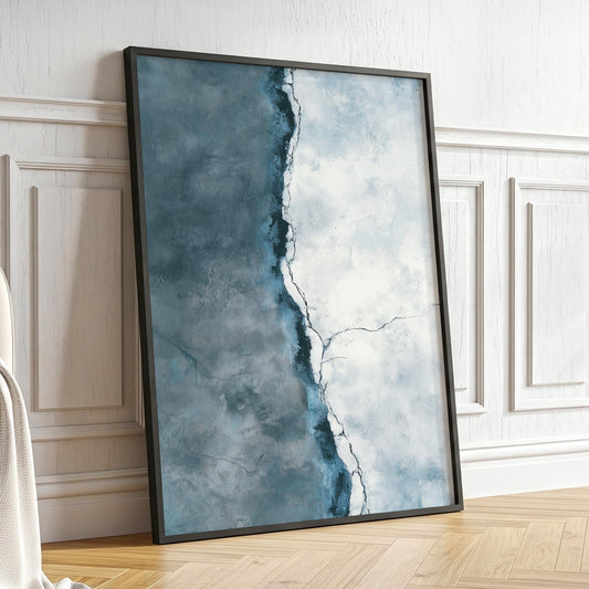Abstract Ocean Cracked Wall Art · Blue and White Painting · Neutral Boho Sea House Decor · Large Room Decor · Framed Coastal Poster Print