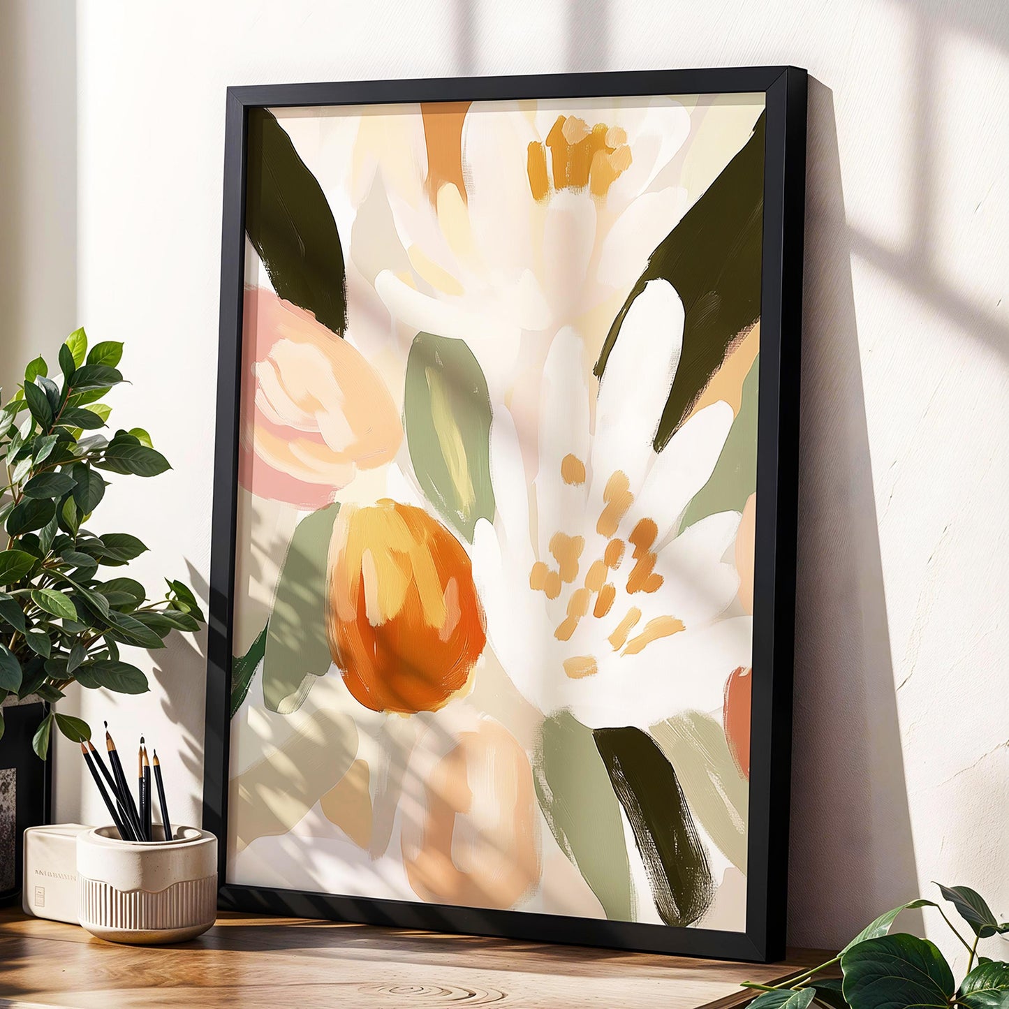 Boho Floral Wall Art · Botanical Painting · Neutral Pastel Flower · Large Room Decor · Framed Neutral Scandinavian Nature Boho Poster Print
