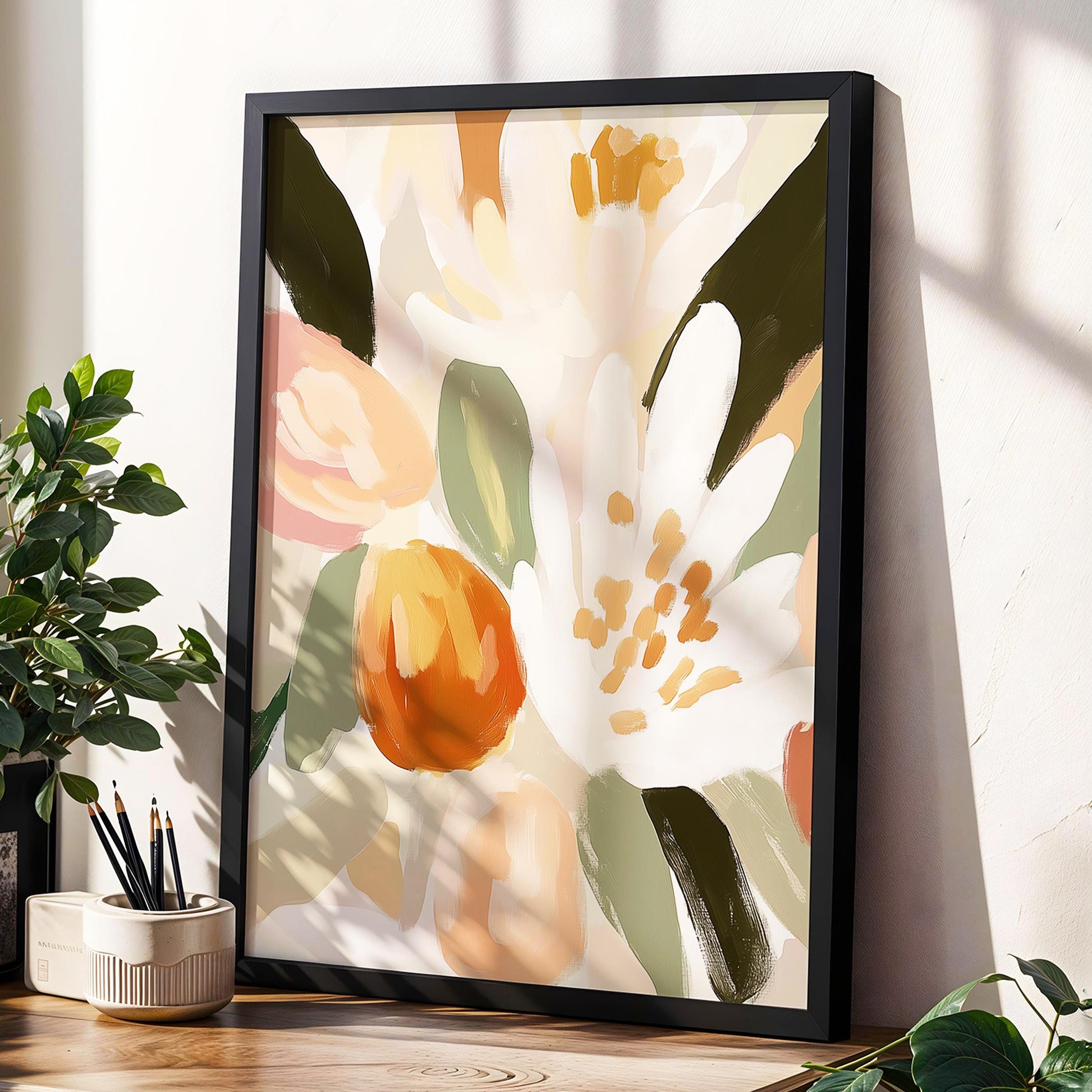 Boho Floral Wall Art · Botanical Painting · Neutral Pastel Flower · Large Room Decor · Framed Neutral Scandinavian Nature Boho Poster Print