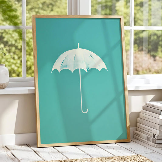 Aqua Umbrella – Minimalist Teal and White Umbrella Illustration, Playful Modern Wall Art for Bathroom or Entryway