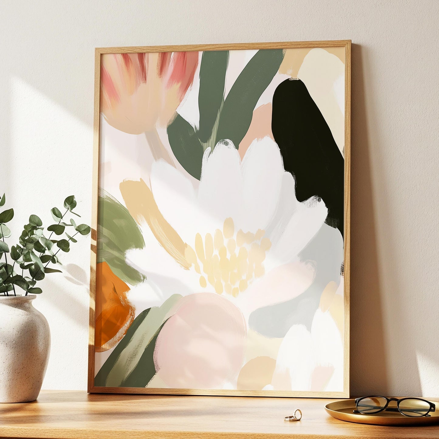 Boho Floral Wall Art · Botanical Painting · Neutral Pastel Flower · Large Room Decor · Framed Neutral Scandinavian Nature Boho Poster Print