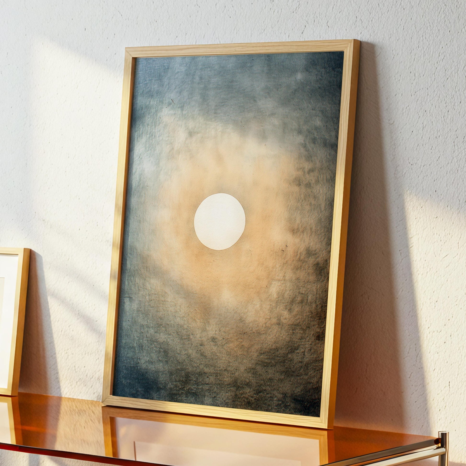Quiet Halo – Minimal Sun and Sky Print in Soft Blue and Sand, Serene Abstract Wall Art for Bedroom and Meditation Space