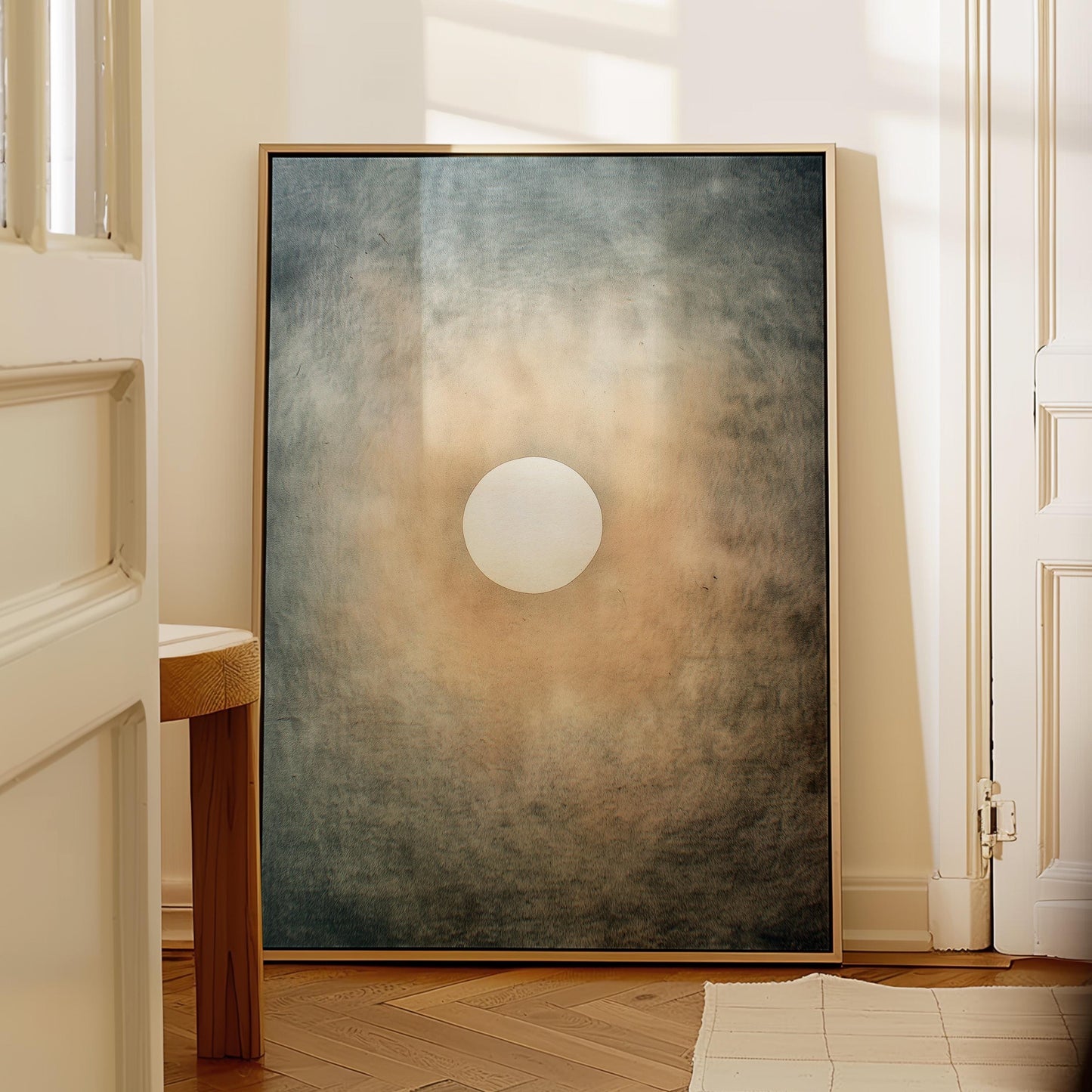 Quiet Halo – Minimal Sun and Sky Print in Soft Blue and Sand, Serene Abstract Wall Art for Bedroom and Meditation Space