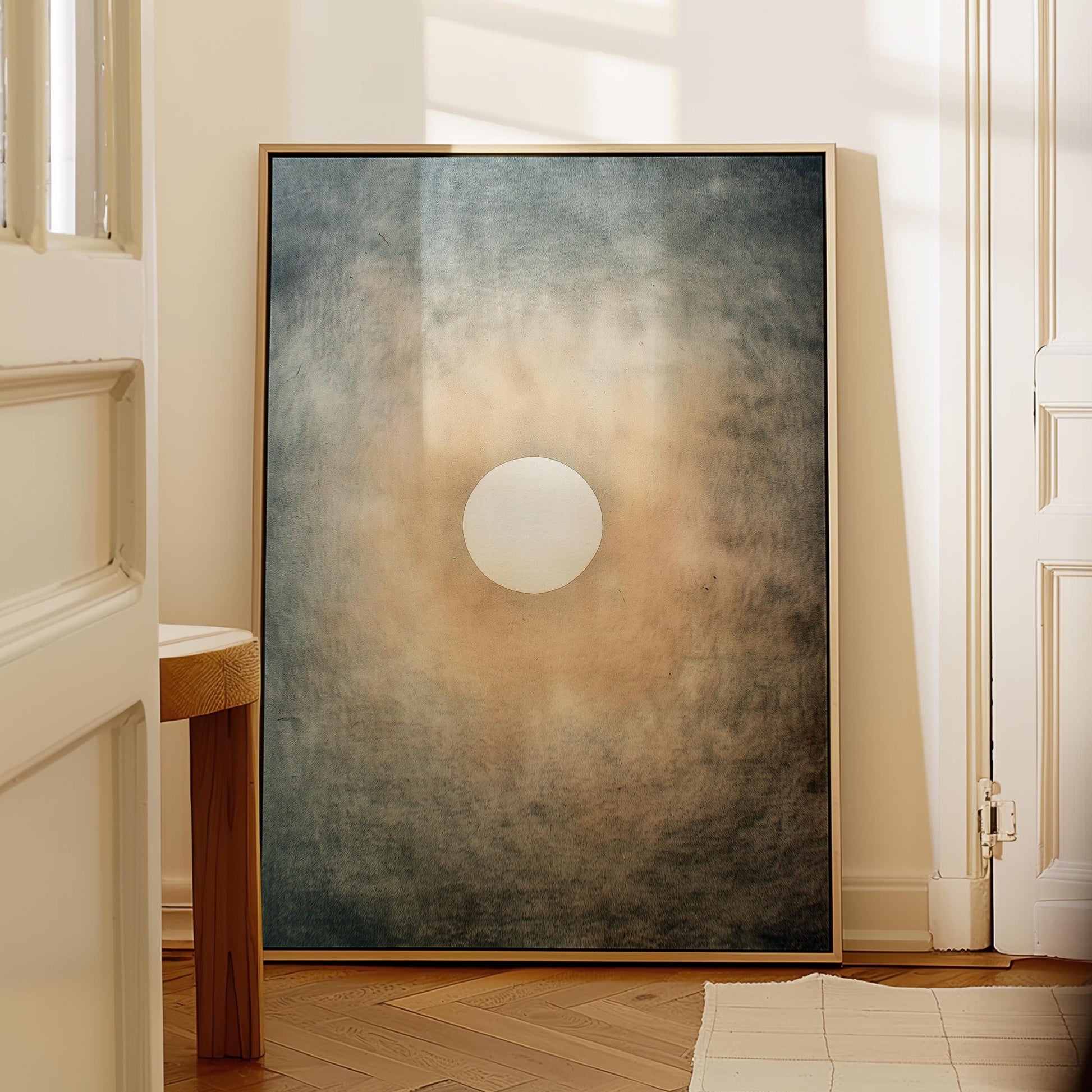 Quiet Halo – Minimal Sun and Sky Print in Soft Blue and Sand, Serene Abstract Wall Art for Bedroom and Meditation Space