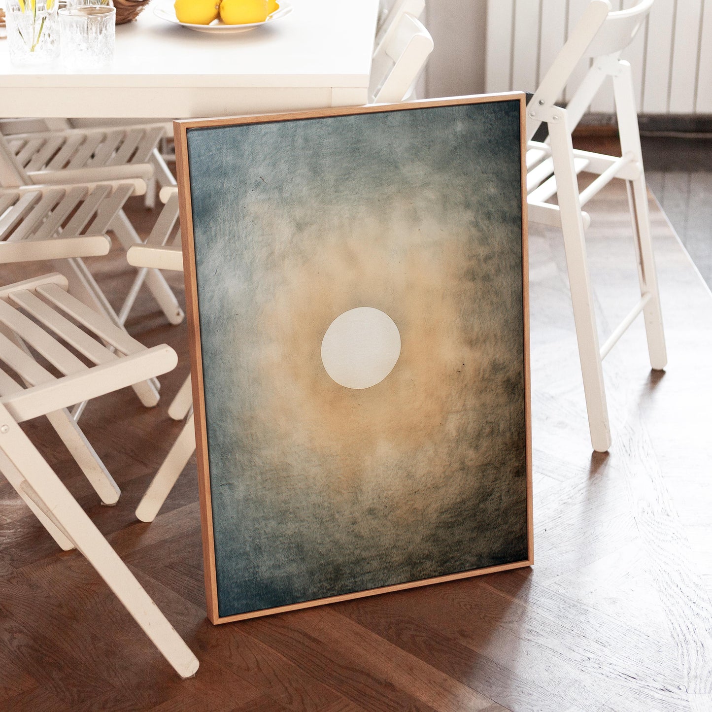 Quiet Halo – Minimal Sun and Sky Print in Soft Blue and Sand, Serene Abstract Wall Art for Bedroom and Meditation Space