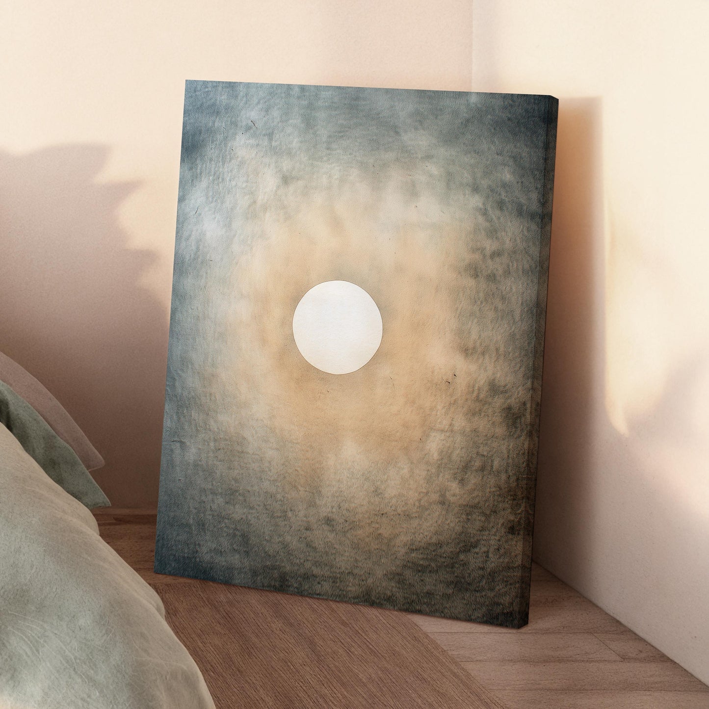 Quiet Halo – Minimal Sun and Sky Print in Soft Blue and Sand, Serene Abstract Wall Art for Bedroom and Meditation Space