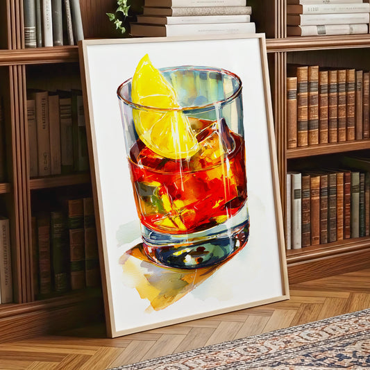 Amber Old Fashioned Glow – Watercolor Whiskey Cocktail Print with Lemon Wedge, Warm Bar Cart and Lounge Wall Art