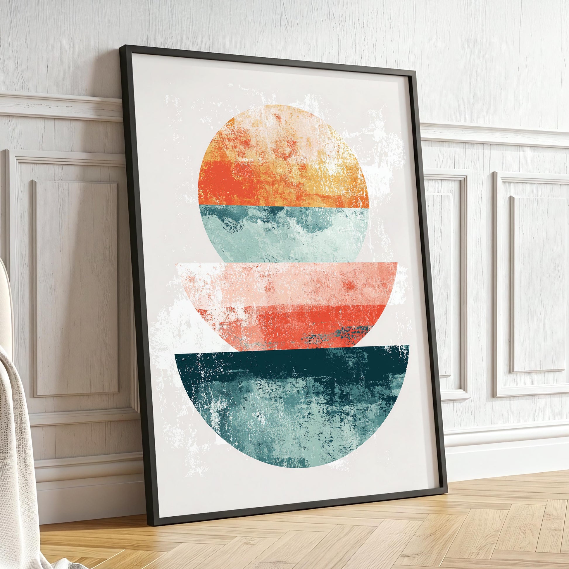 Stacked Sunrise Shapes – Modern Geometric Abstract in Terracotta, Blush and Teal, Minimal Mid-Century Style Wall Art