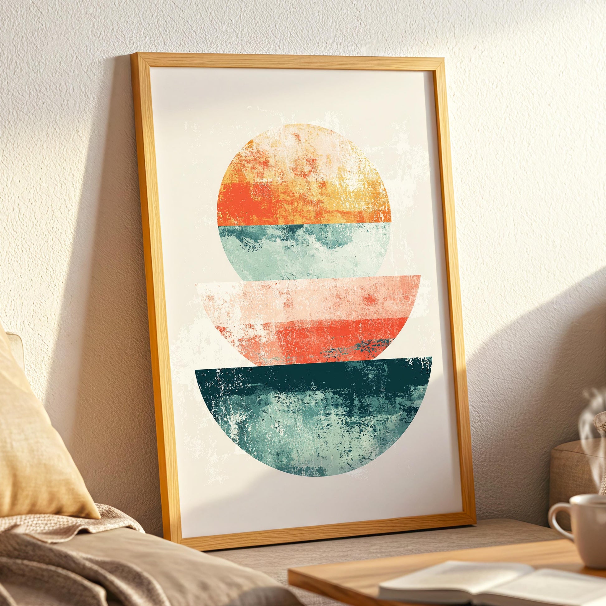Stacked Sunrise Shapes – Modern Geometric Abstract in Terracotta, Blush and Teal, Minimal Mid-Century Style Wall Art