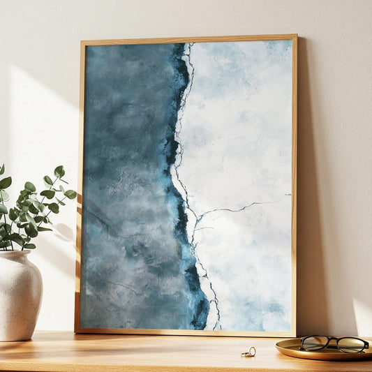 Abstract Ocean Cracked Wall Art · Blue and White Painting · Neutral Boho Sea House Decor · Large Room Decor · Framed Coastal Poster Print