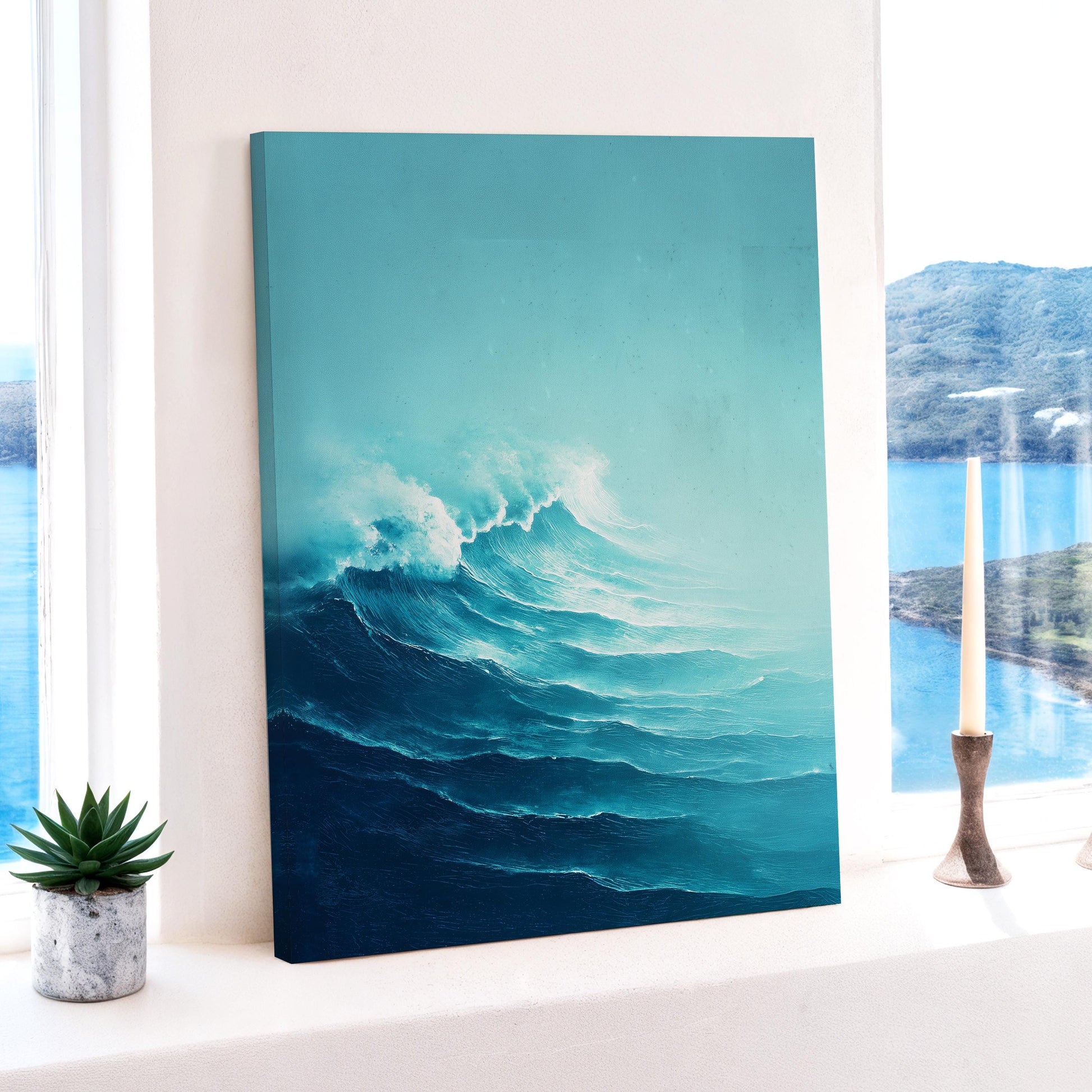 Ocean Wave Wall Art · Blue Coastal Painting · Modern Beach Seascape House Decor · Large Room Decor · Framed Tranquil Sea Poster Print