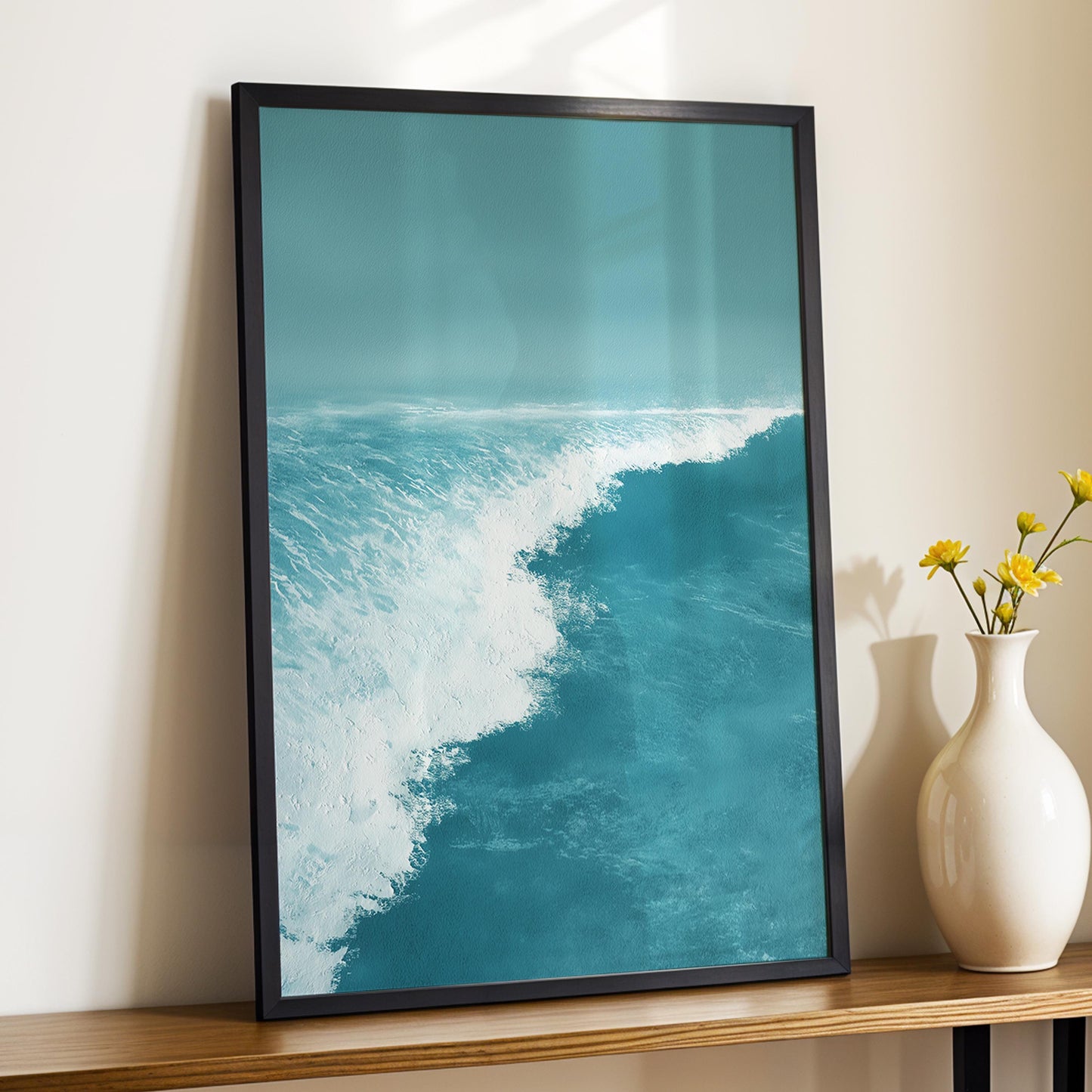 Ocean Wave Wall Art · Blue Coastal Painting · Modern Beach Seascape House Decor · Large Room Decor · Framed Tranquil Sea Poster Print