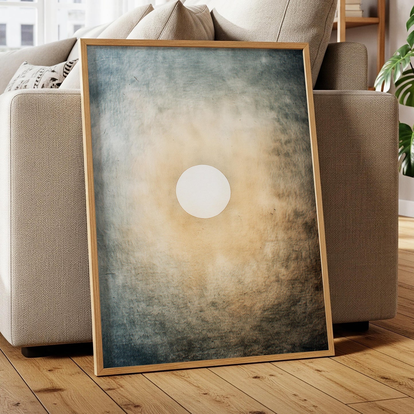 Quiet Halo – Minimal Sun and Sky Print in Soft Blue and Sand, Serene Abstract Wall Art for Bedroom and Meditation Space